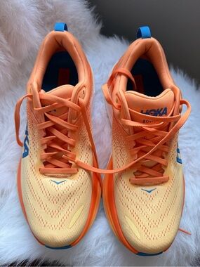 Hoka Orange and Yellow Performance Running Shoes with Blue Accents 9.5 D
